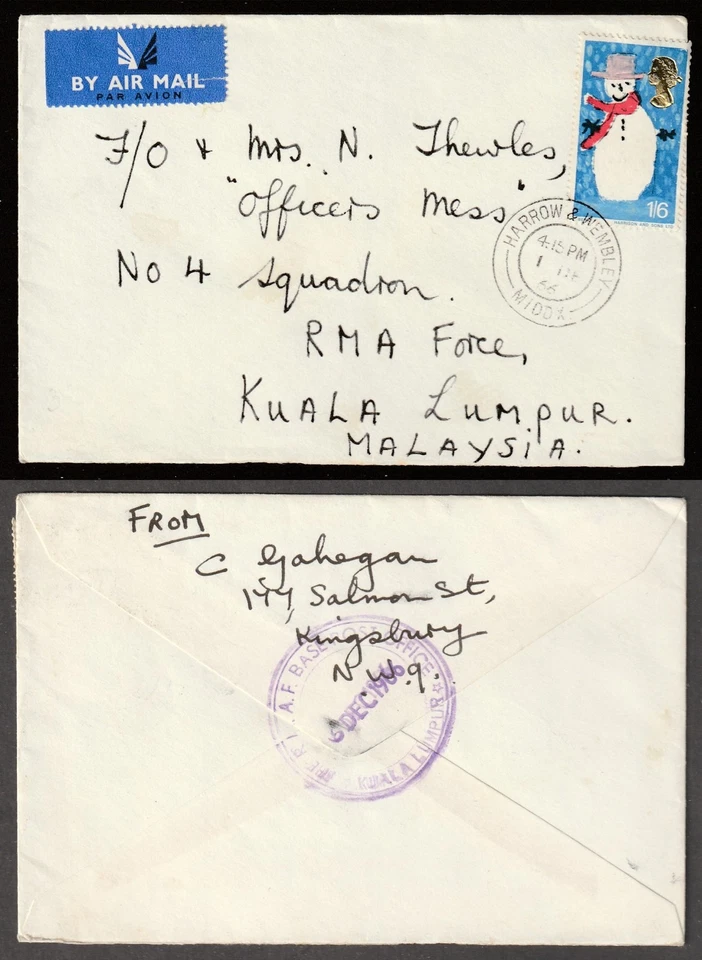 GB to Malaya HARROW & WEMBLEY to No 4 Squadron RMA Force Kuala Lumpur 1/6 1966 - Image 1 of 1