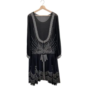 Antique 1920s Beaded Rhinestone Silk Crepe Chiffon Art Deco Dress Black M/L - Picture 1 of 16