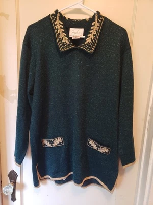 Vtg Jaclyn Smith L Christmas Green & Gold Metallic Pearl Embroidered Sweater New - Image 1 of 4