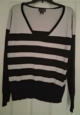 *Questions By Say What* Womens Sweater, Size Xl, Silver Metallic, Black Striped - Image 1 of 4
