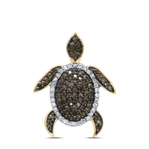 10kt Yellow Gold Womens Round Brown Diamond Sea Turtle Tortoise Pendant 1/3 - Picture 1 of 1