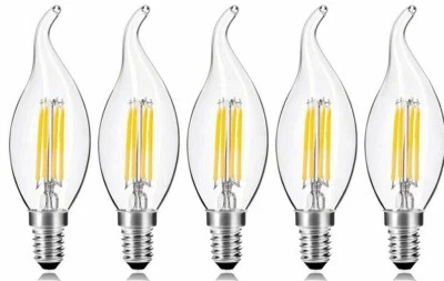 LUXLITE 5 x Warm White LED Bent Tip Candle Clear Glass Flame Filament Bulbs 4w SES Lamp