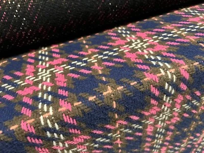 Wool Blend Heavyweight Fabric, Per Metre - Stitch Check - Navy Blue & Pink - Image 1 of 3