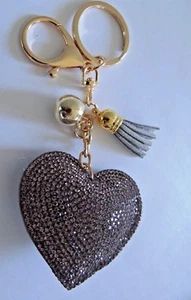 PUFFY HEART KEY CHAIN CHARM TASSEL SILVER BEADED SEQUIN BENEFITS CAT RESCUE  - Picture 1 of 4