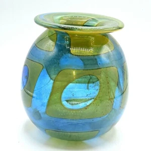 Siemon Art Glass Vase Modern Geometric Green And Blue Round Signed Handblown Art - Foto 1 di 6