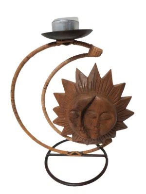 Portavelas de metal de madera Sun Moon Tea Light 10"T W/New Tea Light Candle Foto 1 de 4