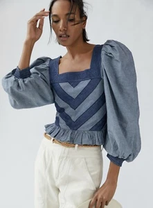 Anthropologie x Love the Label Smocked Puff-Sleeve Blouse in Blue Denim Sz XS - Picture 1 of 9