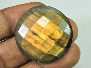 Natural Labradorite 33X33MM Round Checker Cut Stone Cabochon Gemstone 70Cts. O73 - Picture 1 of 9