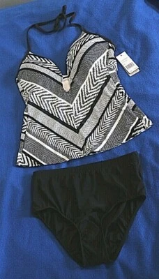 Tankini halter Kenneth Cole negro/blanco talla L/11,12 D/DD taza venta al por menor $94 Foto 1 de 2