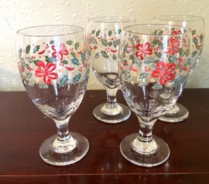 Vtg Libbey Christmas Red Bow Holly Stars 16 Oz Pedestal Glasses Set Of 4 - Picture 1 of 3