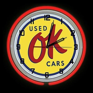 18" OK Used Cars Sign Advertising Red Double Neon Lighted Wall Clock Garage - Picture 1 of 2