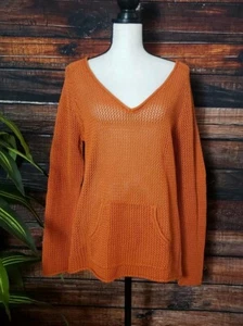 Chicos Sweater Size 2 US 12 Large Cotton Loose Knit Kangaroo Pocket Orange - Picture 1 of 8
