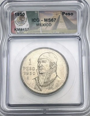 1950 Mo México 1 Peso ICG MS67 Estado Perfeito Classificação KM#457 1 Ano Tipo Prata .300 - Imagem 1 de 2