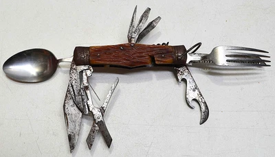 Faca de acampamento vintage Scout Hobo várias lâminas com garfo e colher Japão - Imagem 1 de 4