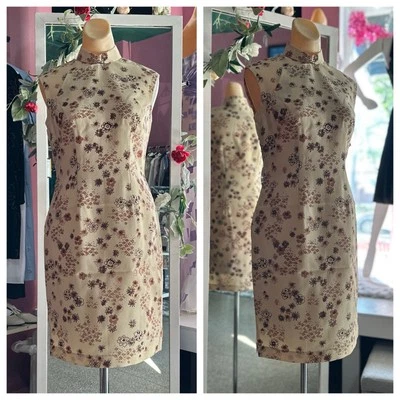Vintage 50s 60s Cheongsam Mini Wiggle Dress Brown Tan Sleeveless Handmade S/M - Image 1 of 4