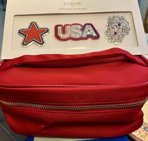 J Crew Fcty Red Pouch + 3 Patriotic USA Sticker Patches 8x4x4 Padded Makeup Bag - Picture 1 of 8