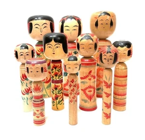 Vintage Japanese Kokeshi Wooden Dolls Set of 10 Handmade 18-31cm Figurines - Picture 1 of 10