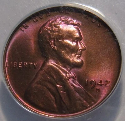 1942 D DDO-002 Lincoln Cent Penny - ANACS MS65 RB (Toning) Condition - CX32 - Image 1 of 4