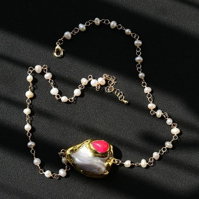Colar Gargantilha Corrente de Pérolas de Batata Branca Cultivada Pérola Barroca Pingente de Jade Vermelho - Imagem 1 de 4