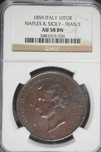 1859 - NGC AU58BN ITALY 10TOR Naples & Sicily II Tornesi! #B24096 - Picture 1 of 2