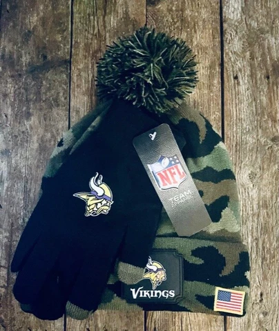 NFL Minnesota Vikings Camo Beanie & Gloves Salute to Service Set One Size NWT Cover