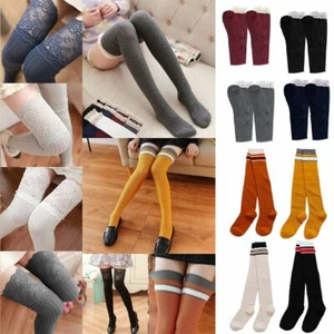 Women Cable Knit Long Stripe Socks Over Knee Thigh High School Girl Stocking US - Picture 1 of 30