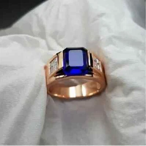 3Ct Emerald Cut Lab-Created Sapphire Men's Engagement Ring 14K Rose Gold Plated - Picture 1 of 4