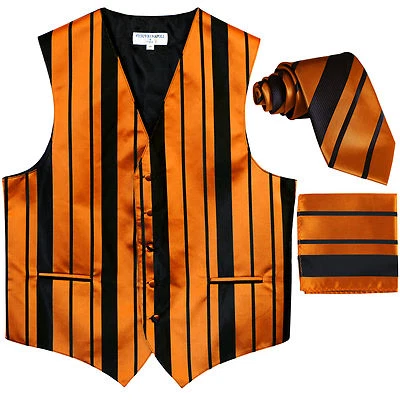 New Men's vertical stripes Tuxedo Vest Waistcoat_tie & hankie black gold formal - Image 1 of 4