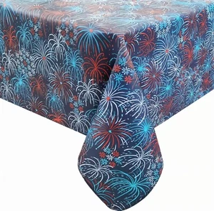 Patriotic Vinyl Tablecloth, Red White & Blue Fireworks, Indoor Outdoor 70 Round - Picture 1 of 8