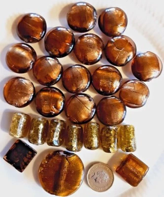 Job Lot 26 Golden Brown & Amber Murano Type Foiled Glass Beads -Jewellery Crafts - Image 1 of 4