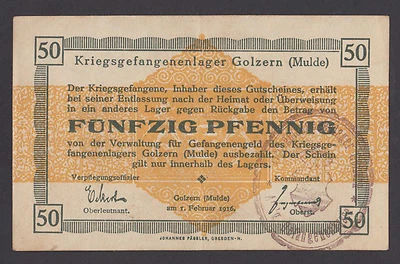 🔴GERMANY  50 Pfennig 1916  XF+ POW - WWI Concentration Camp  GOLZERN  with seal - Image 1 of 2