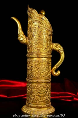 16-дюймовый помеченный старый китайский фиолетовый бронзовый позолоченный 24-каратный золотой чайник с 8 благоприятными символами - Изображение 1 из 4