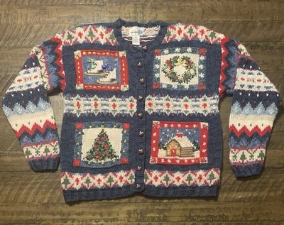 Cárdigan Suéter Navidad Invierno Vacaciones Años 90 M Corona Árbol Casa Patín Tejido Foto 1 de 4