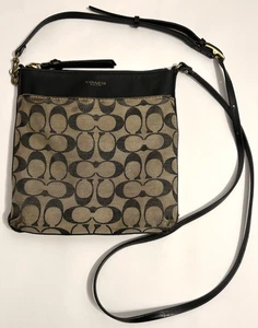 Coach Beige Black Leather Trim Signature Shoulder Crossbody Purse Bag - Picture 1 of 9