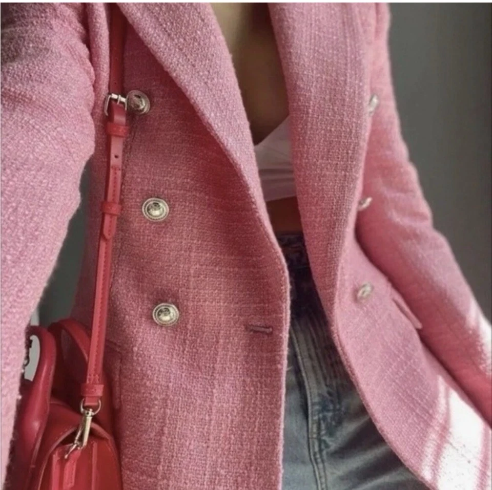 ZARA TEXTURED TWEED PINK BLOGGERS FAVE BLAZER JACKET TEXTURED WEAVE SILVER BTN - Image 1 of 4