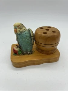 Timber Pen Holder Bird Mid Century Vintage Kitsch Budgie Budgerigar Apple MCM - Picture 1 of 15