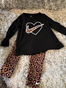 Little Girl Nike Pant With Long Sleeve Shirt Set Black And Cheetah Print - Picture 1 of 6