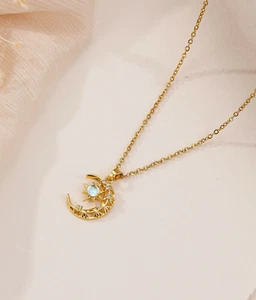 Womens Necklace Cubic Zircon Moon Star Pendant Gold Plated Stainless Steel Chain - Picture 1 of 4