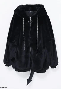 NEW Sanrio Kuromi Faux Fur Hooded Jacket Black Kawaii Anime - Picture 1 of 11