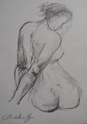 Original expressive pencil life drawing of a back view of a seated female nude - Image 1 of 4