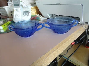 Hazel Atlas Royal Lace cobalt blue 4 3/4" set of 2 cream soup bowls-mint - Picture 1 of 2