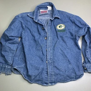 Green Bay Packers Vintage 90s Denim Long Sleeve Shirt Kids Sz 7 Blue - Picture 1 of 9