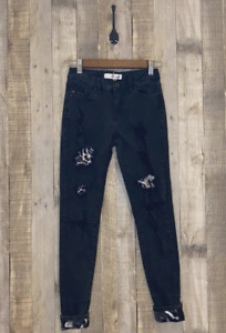 KanCan JRS Black Distressed Denim Mid Rise Jeans Leopard Cheetah Patches SZ 3/25