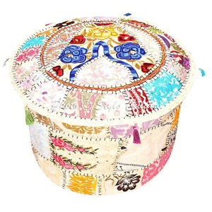 Indian Round Pouf Cover Patchwork Bohemian Ottoman Lounge Embroidered 22" White - Picture 1 of 3