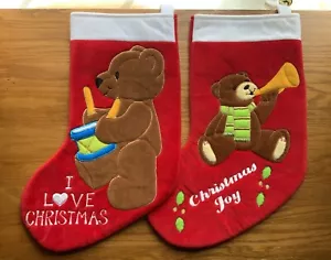 2 Vintage 15” DAKIN Red Christmas Stockings Drumming & Trumpet Bears Soft Fleece - Picture 1 of 8