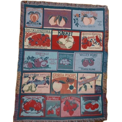 Goodwin Weavers Tapestry Throw Blanket Fruit Label 48x56 USA 100% Cotton Fringe - Image 1 of 4