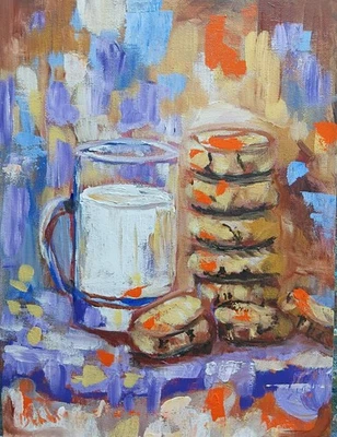Original Still Life Painting  “Bikkies & Milk” Cookie Stack & Mug 9”x12” Acrylic - image 1 of 4