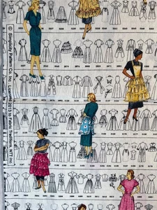 Fabric VTG SIMPLICITY PATTERN 40S 50s Dresses Aprons Historic Line Up 35 x 43” W - Picture 1 of 5