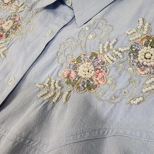 Vintage Cowboy-Themed Western Embroidered & Hand-Beaded Chambray Shirt L #1589 - Picture 1 of 17
