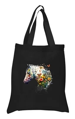 Horse Black Cotton Tote Bag Heavyweight 8 oz Durable & Reusable Gift Present - Image 1 of 4